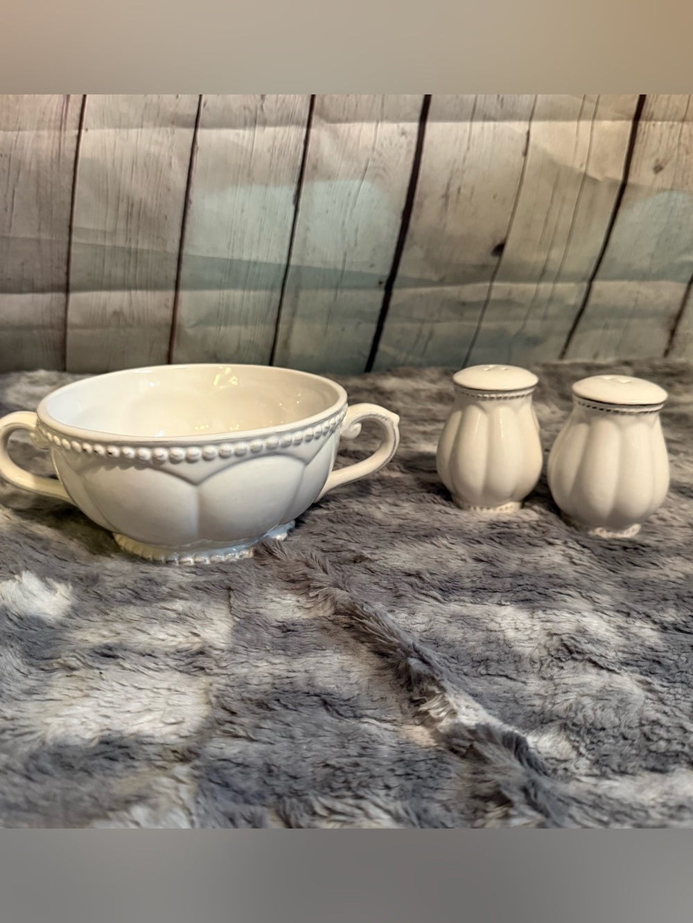 Hobby Lobby White Ceramic Soup Cup with Matching Salt & Pepper Shakers
